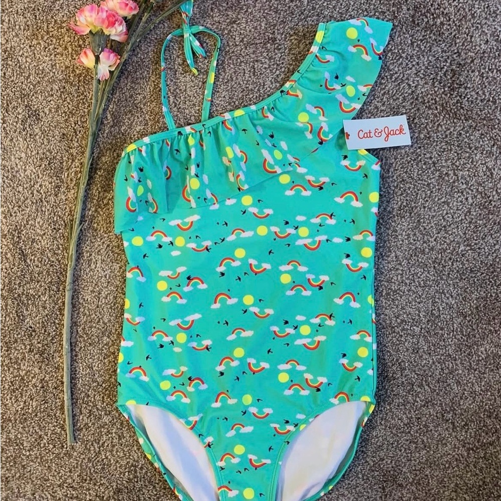 Cat & Jack Kids' One-Shoulder Swimsuit - Turquoise Rainbow